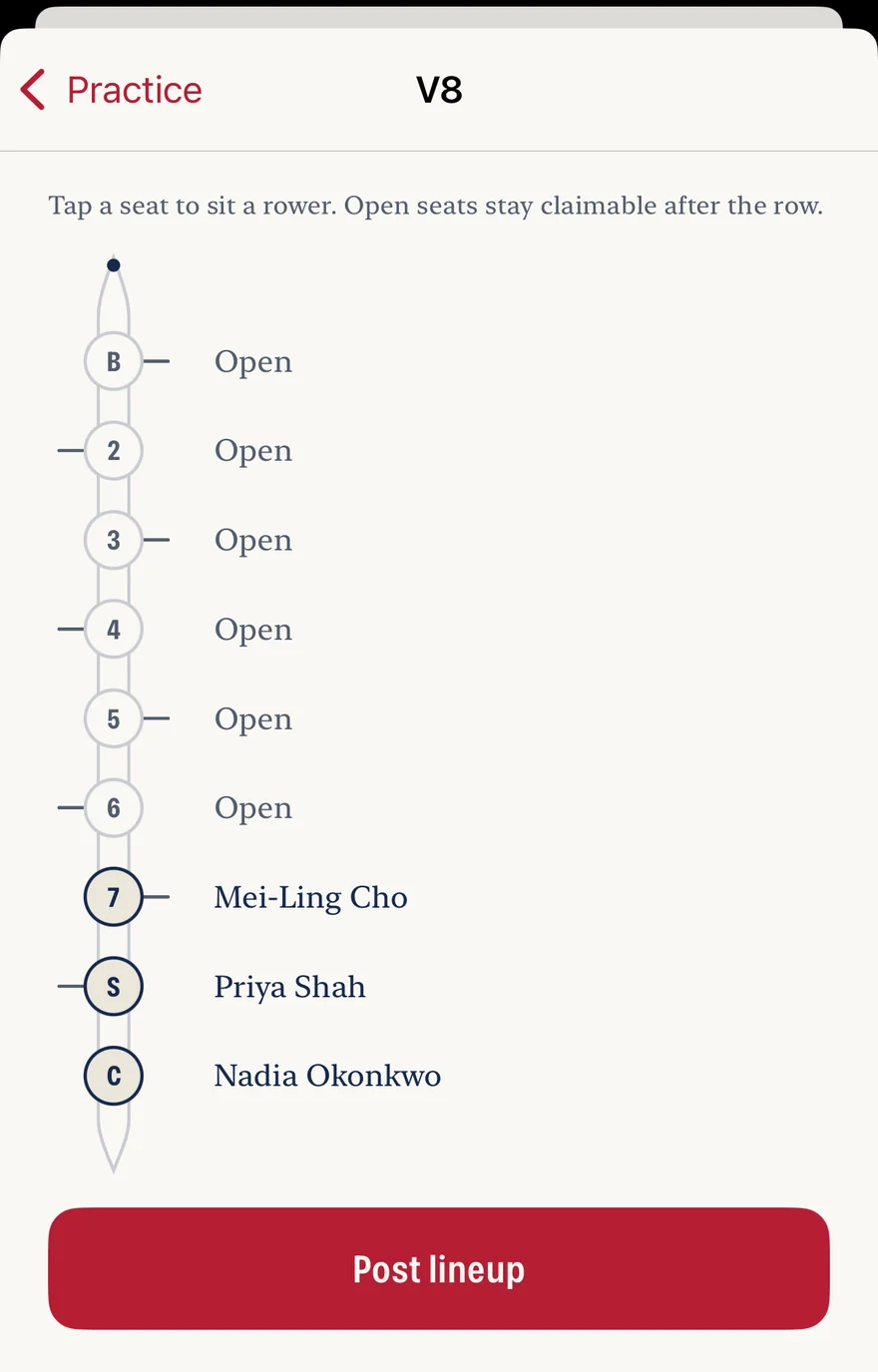 A boat's lineup on the phone, drawn as the shell itself: seats marked bow, two through seven, stroke and cox down the hull, each with the rower sitting in it or the word Open, above a Post lineup button.