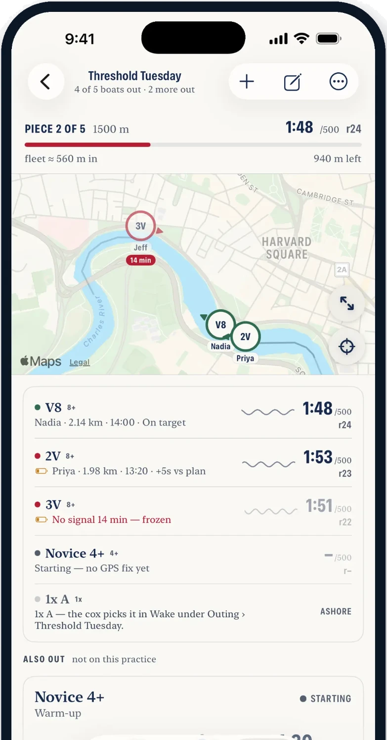 Wake Coach during a practice: piece 2 of 5 over 1500 m, three eights on the map, and each boat’s split and rate against the plan.
