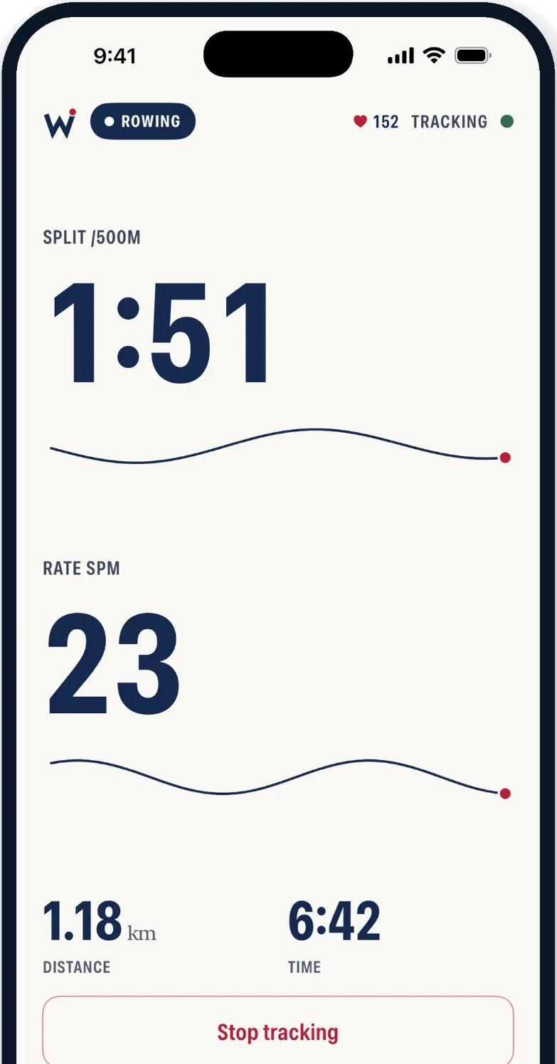 Wake during a row: split 1:51 per 500 m and rate 23 strokes a minute, each with its trace, in type large enough to read mid-stroke.