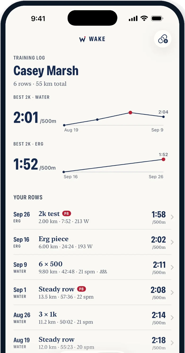 A training log: best 2k on the water and on the erg, each charted across the season, above a list of rows with personal bests marked.